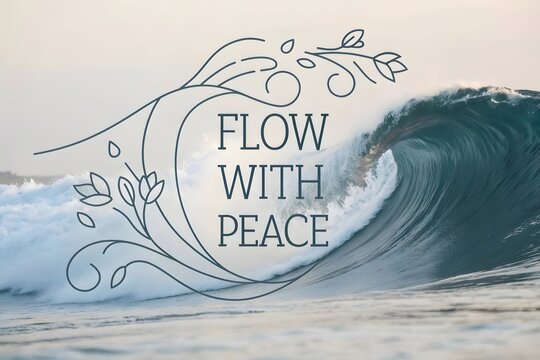 Wave illustration with floral line art and positive message
