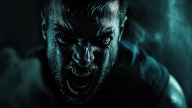 An expressive male face with distorted features and aggressive facial expressions against a dark background. Suitable for articles on psychology, internal conflicts, thrillers, as well as projects abo