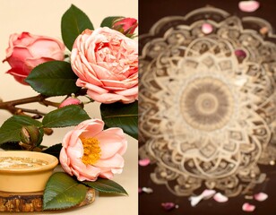 Pink roses, mandala, and light beige