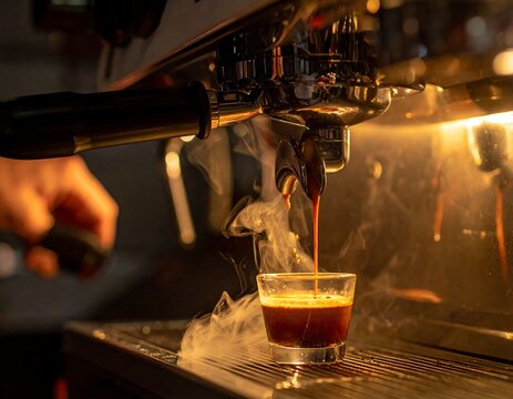Espresso Machine Pouring Coffee into a Glass Cup, with Steam in a Dark Cafe Setting
