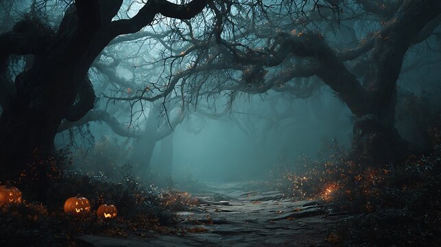 A spooky path forest glowing apparitions twisted trees pumpkins glowing dim mist eerie cinematic