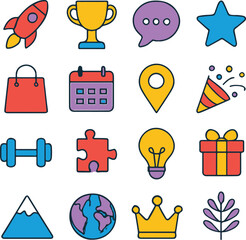 Mixed lifestyle and general purpose icons including rainbow, crown, house, ribbon, calendar, music, person, and more. Great for multipurpose design, web, and social media projects.