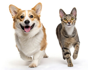 Obraz premium A corgi dog and a tabby cat running towards the viewer on a white background in a studio setting