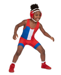 Obraz premium Young African American children wrestler posing confidently on isolated background