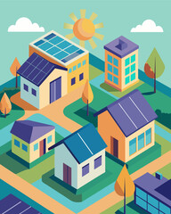 A lowincome housing complex with rooftop solar panels providing affordable and sustainable housing for residents and reducing their energy costs.. Vector illustration