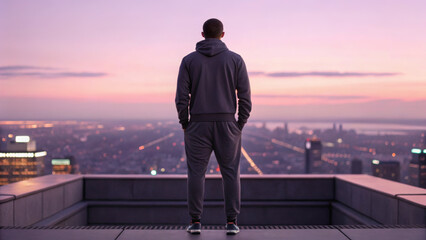 Athleisure wear dominates modern fashion trends. A person stands on a rooftop, gazing at a city skyline during sunset, reflecting tranquility and contemplation.