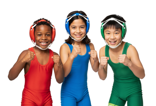 Three diverse young boys and girl wrestlers in singlets and headgear posing together and smiling