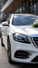 Fototapeta premium Elegant wedding car parked outside a modern venue ready for a joyful ceremony with floral decorations on the hood