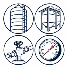 Industrial equipment icons including silos valves and pressure gauges for agricultural or manufacturing processes