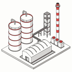 Isometric illustration of an industrial complex featuring storage silos a factory building a tall smokestack and connecting conveyor belts on a white background © shahin9