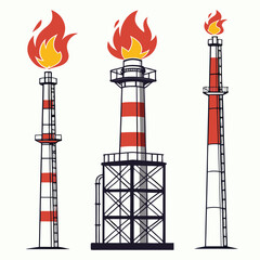 Three industrial flare stacks with flames burning brightly against a white background representing energy production and waste gas management
