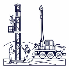 Workers operate a mobile drilling rig for oil and gas exploration in a rugged landscape illustration