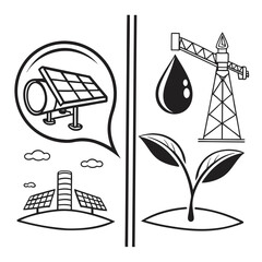 Conceptual illustration comparing renewable solar energy with fossil fuel extraction and new plant growth representing sustainability