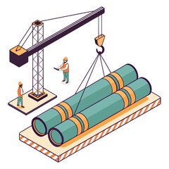 Construction workers overseeing a crane lifting large industrial pipes on a building site with isometric perspective