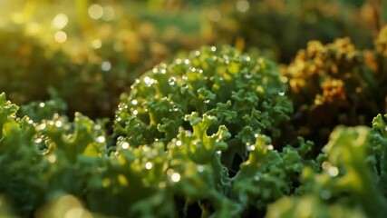 Lush curly kale leaves shimmering with fresh morning dew in a golden hour vegetable patch - Powered by Adobe
