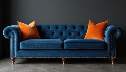 Luxurious navy blue velvet sofa, two bright orange cushions, create striking contrast. Elegant tufted chesterfield couch sits against dark gray wall. Modern living room interior design shows