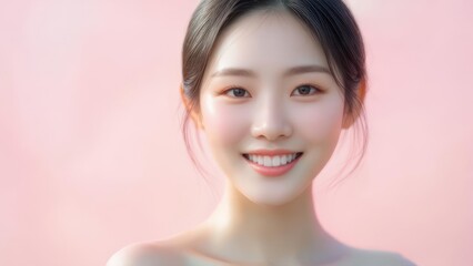 Young Asian Woman with Natural Makeup and Pink Background.