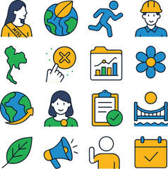 Vector business and office icons with charts, calendar, plant, globe, worker, woman profile, and teamwork signs. Ideal for corporate, education, and office-related projects.
