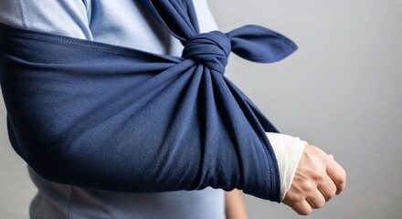 Man with injured arm in sling wearing blue shirt on gray background  