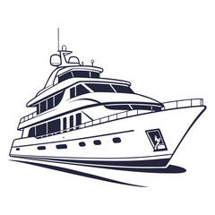 Fototapeta premium Sleek modern luxury yacht illustration in dark blue outline on a clean white background