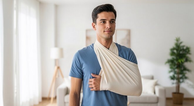Young man smiling with arm in sling while standing indoors  