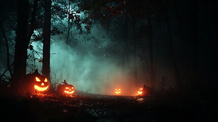 A dark forest horror scene glowing apparitions pumpkins glowing orange mist cinematic frame