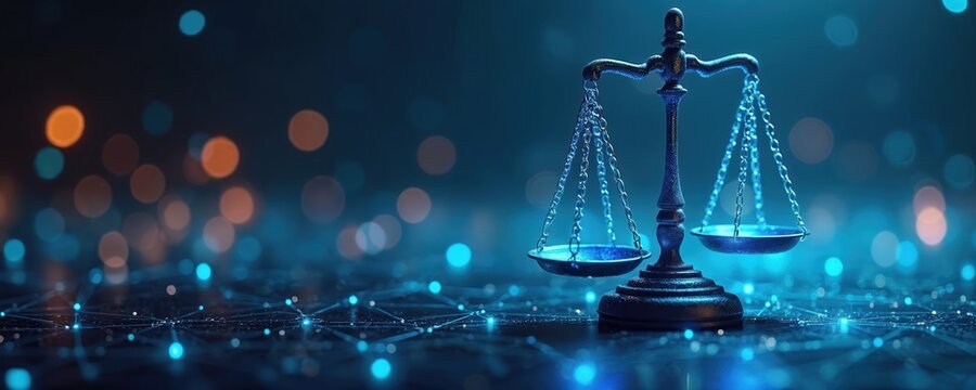 Scales of justice appear over digital net. Abstract tech background with law balance scales. Digital representation of justice equality lawmaking fair judgement in digitalized world. Concept of