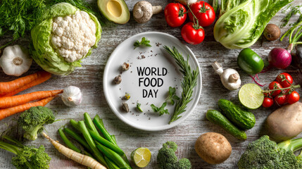 A vibrant display of fresh fruits and vegetables surrounding a plate with World Food Day text.
