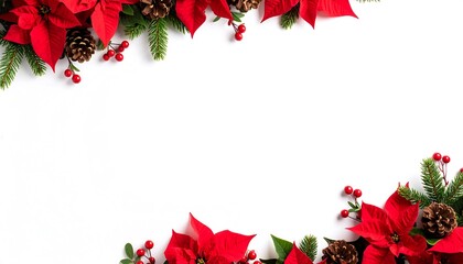 Red poinsettias, pinecones, and berries framing white space on festive background, elegant holiday border.