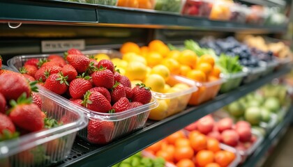 Shelves with variety fresh fruits in plastic boxes. Selection of strawberries lemons oranges lettuce blueberries and more in supermarket. Healthy food choice for shoppers healthy life style.