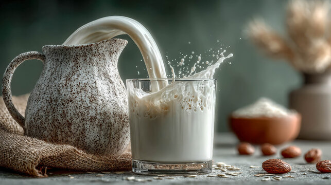 A white ceramic jug pouring fresh milk into a glass, capturing the liquid in motion.