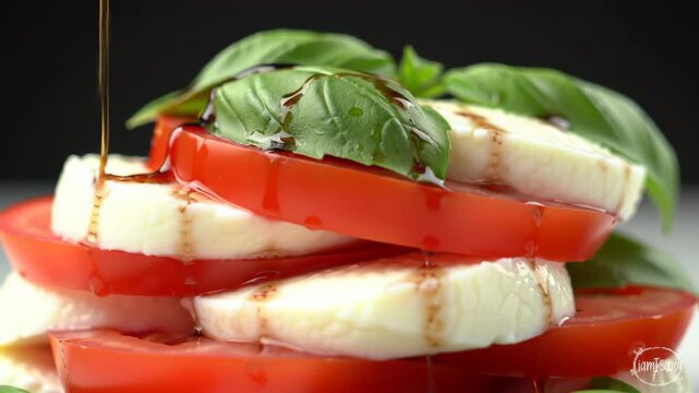 Caprese salad with balsamic glaze, tomatoes, mozzarella and basil.