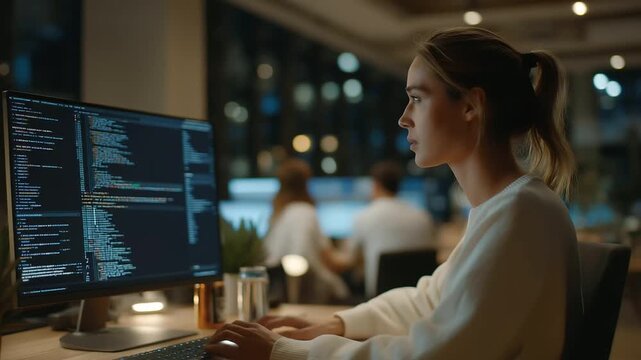 A recent grad codes at a tech firm with monitors displaying code, energy drinks scattered, and colleagues brainstorming nearby, depicted in a techy photo with screen lines, can gleams, and innovativ