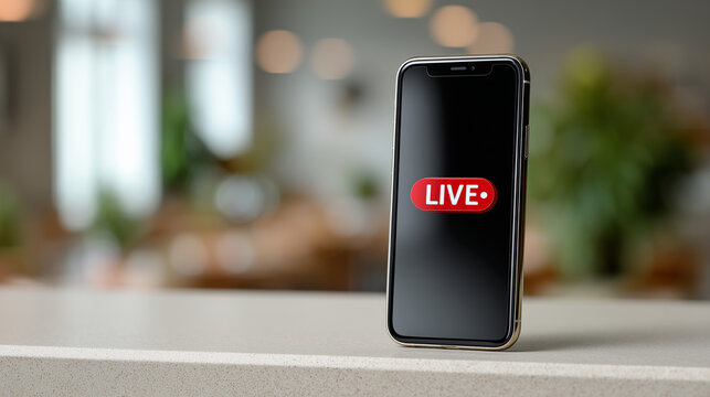 Smartphone Displaying Live Streaming Notification on a Counter Surface in a Cozy Indoor Environment with Blurred Background