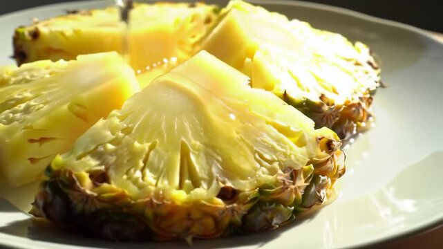 Pineapple chunks on a plate, natural light shining on the juicy fruit