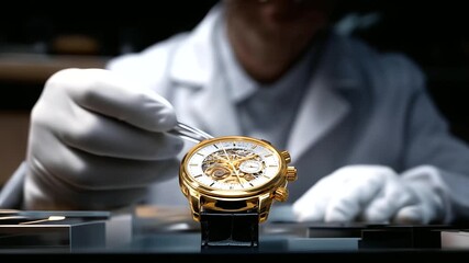 Luxury horology reveals itself as gloved hands adjust miniature gears, highlighting timeless craftsmanship, mechanical precision, and the artistry of handmade watches. three-quarter wide angle, cine