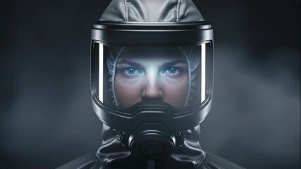 Female scientist in protective suit and glowing gas mask. Futuristic chemical research with advanced safety gear. Scientific footage. - Powered by Adobe