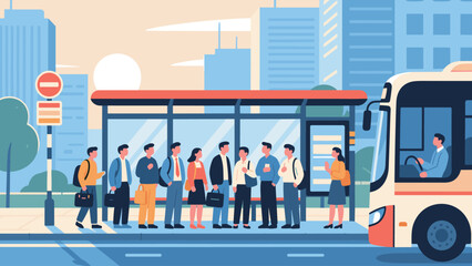People Waiting for Bus at City Bus Stop