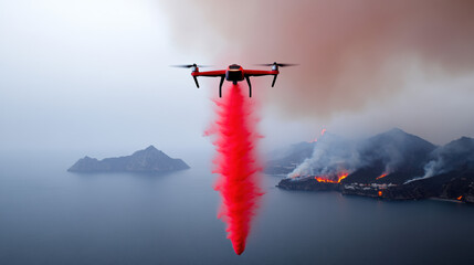 A drone drops a red fire retardant over a smoky landscape, showcasing technology in action to combat wildfires near coastal islands.