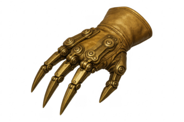 Golden steampunk gauntlet mechanical claw on transparent background