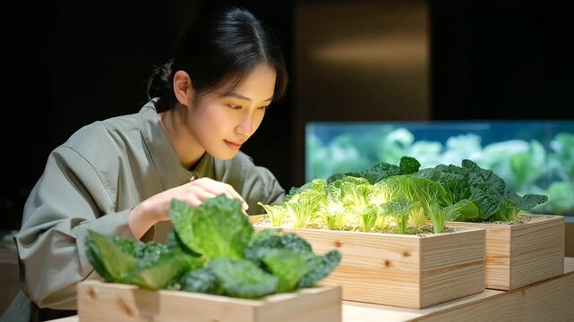 Science fair exhibit with Chinese student demonstrating hydroponic wooden crates of pak choi and mushrooms, innovative organic produce, fair vegetable harvest, eco-science market pick, experimental 