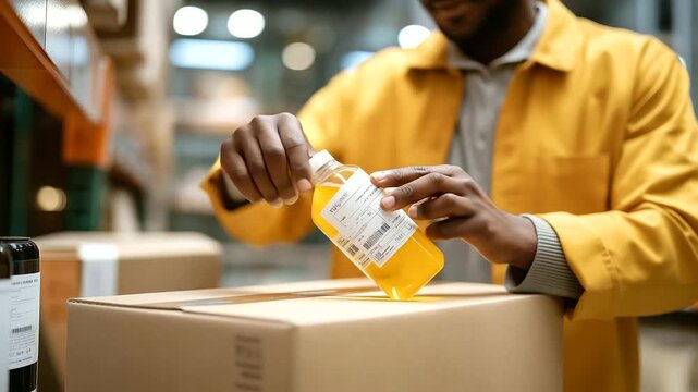 Shopping experience with a worker&rsquo;s back view organizing grocery store shelves with cleaners, ensuring consumer choice in a retail supermarket. Cardboard box nearby, paper label on bottle, store ais