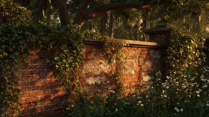 Old brick wall overgrown with vines