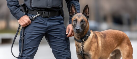 Police officer and trained dog stand together in a secure area during a law enforcement demonstration in a city park on a sunny day