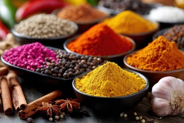 Colorful Spices and Herbs in Bowls on Wooden Table