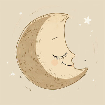 Ilustra&ccedil;&atilde;o em tom bege de lua crescente dormindo com estrelas