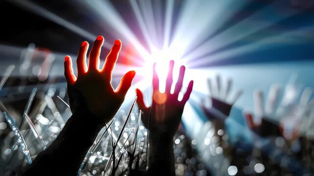 Silhouettes of raised hands at a concert with bright stage lights shining in the background