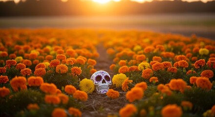 D&iacute;a de Muertos Sugar Skull in Marigold Field at Golden Sunset