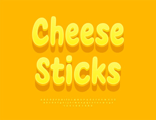 Vector delicatessen emblem Cheese Sticks. Tasty Yellow Font. Creative set of Bright Alphabet Letters and Numbers