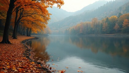 Autumn landscape photo of lake shore with trees. Forest trees reflected in calm water. Fall season forest trees in colorful foliage. Beautiful nature scene with fall colors